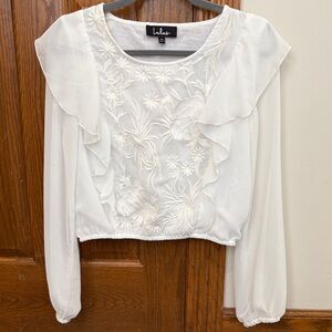 Lulu's Embroidered Ruffle Cropped Blouse, Medium, Boho Romantic